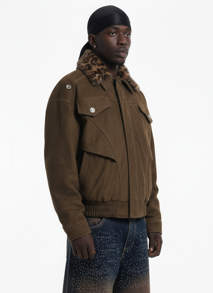 Retro Leopard Fur Collar Padded Bomber Jacket 