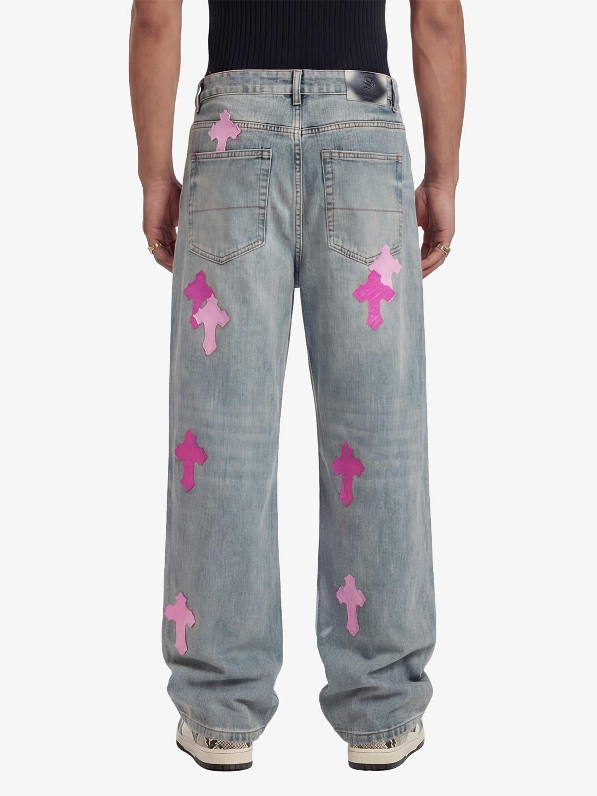 Vintage Washed Cross Patch Straight Leg Denim Jeans 