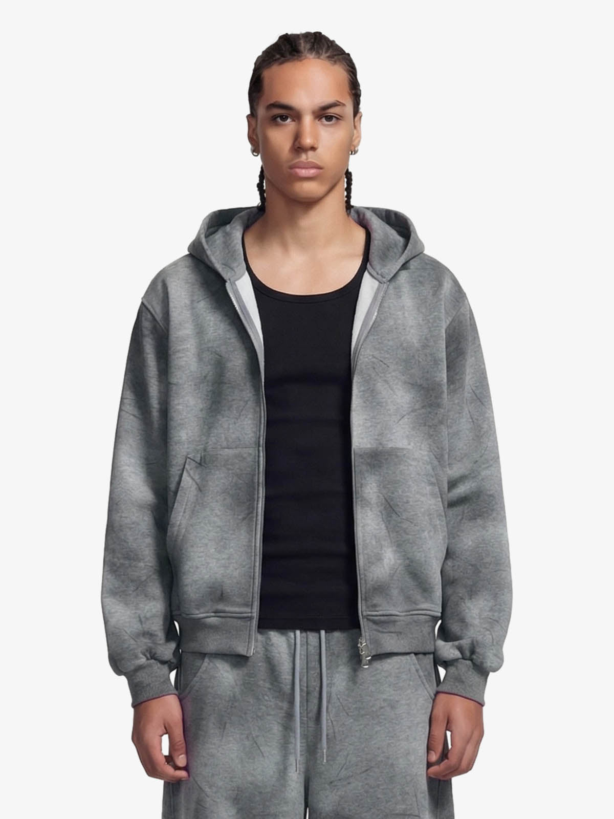 Vintage Washed Tie-Dye Zip Up Hoodie & Barrel Sweatpants Tracksuit 