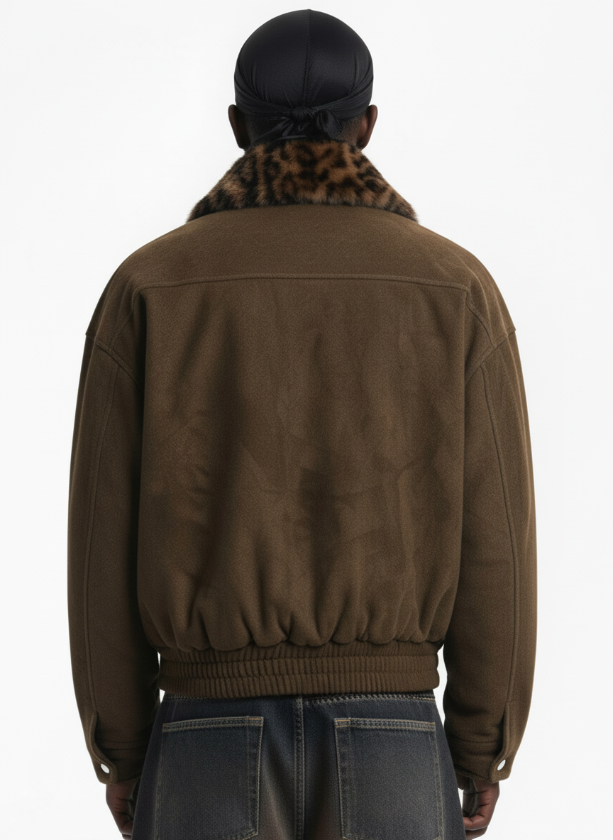 Retro Leopard Fur Collar Padded Bomber Jacket 