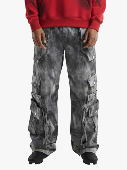 Smoky Dyed Multi-Pocket Tactical Strap Cargo Jeans