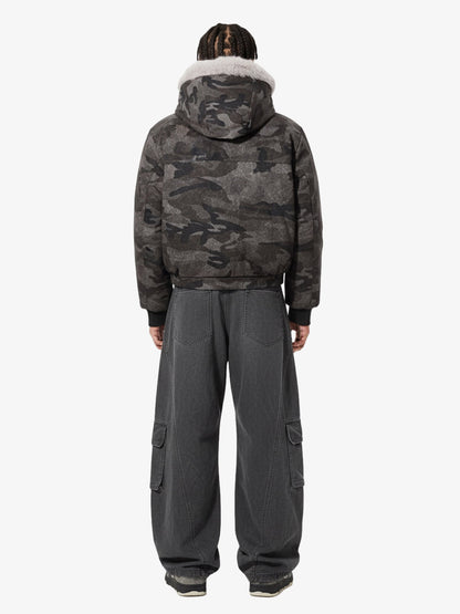 Vintage Camo Faux Fur Hood Padded Bomber Jacket 