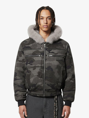 Vintage Camo Faux Fur Hood Padded Bomber Jacket 