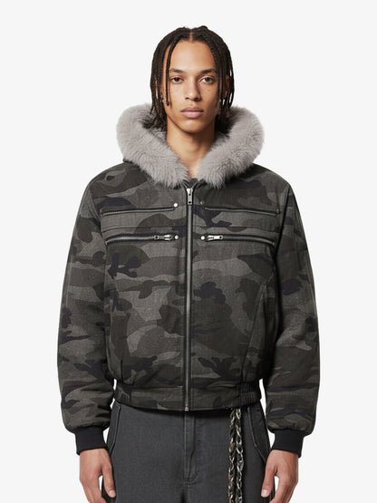 Vintage Camo Faux Fur Hood Padded Bomber Jacket 