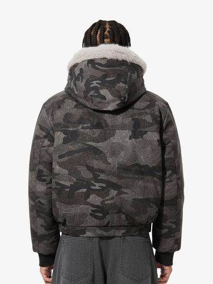Vintage Camo Faux Fur Hood Padded Bomber Jacket 