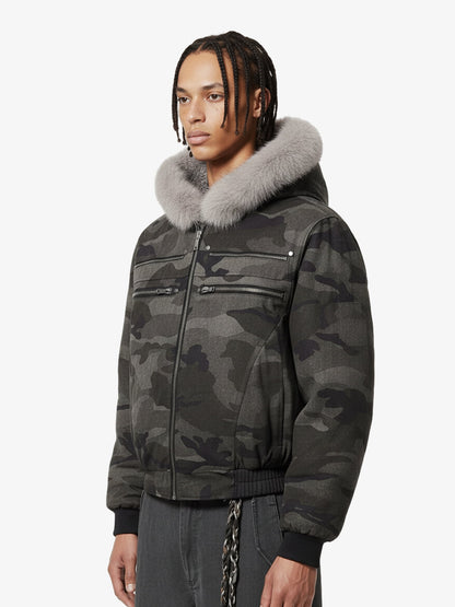 Vintage Camo Faux Fur Hood Padded Bomber Jacket 