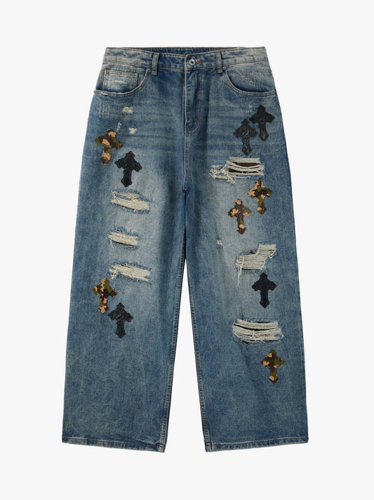 Vintage Wash Camo Cross Applique Distressed Straight Jeans 