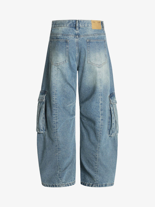 Distressed Washed Multi-Pocket Cargo Jeans 