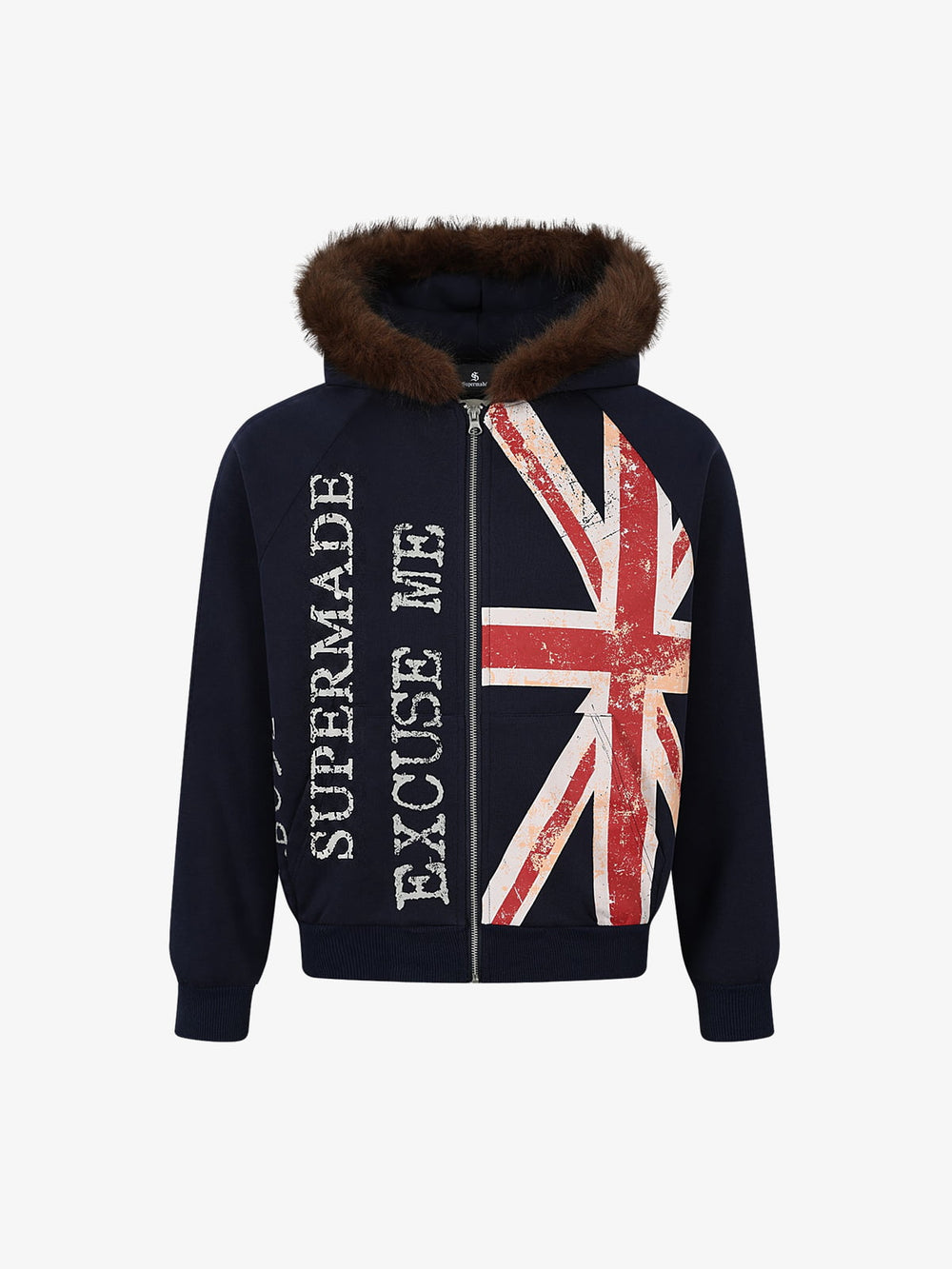 Pelzkapuzenjacke mit Union-Jack-Motiv