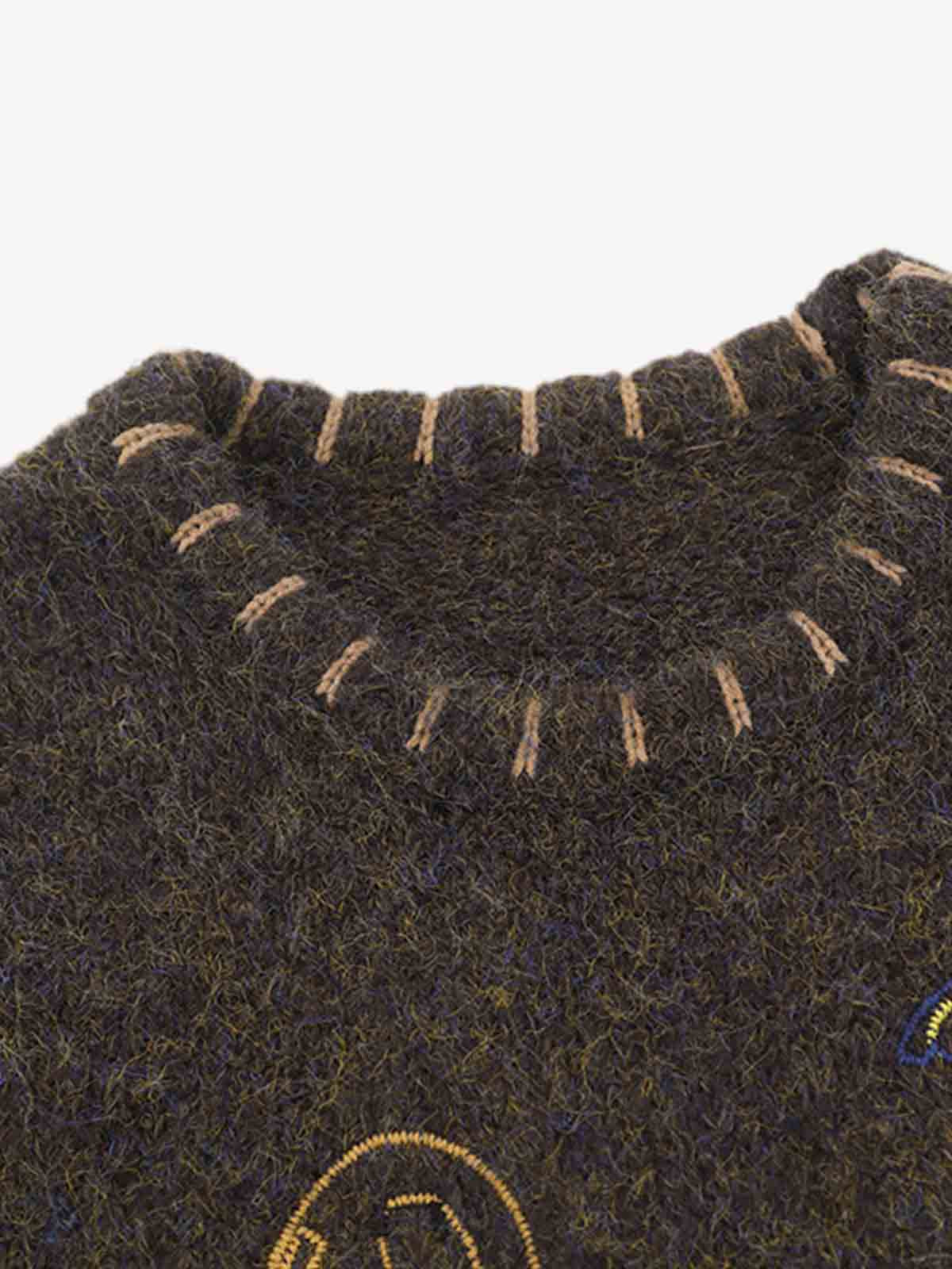 Wool Blend Embroidered Sleeveless Knit Vest with Whimsical Animal Motifs and Artistic Stitching Details 