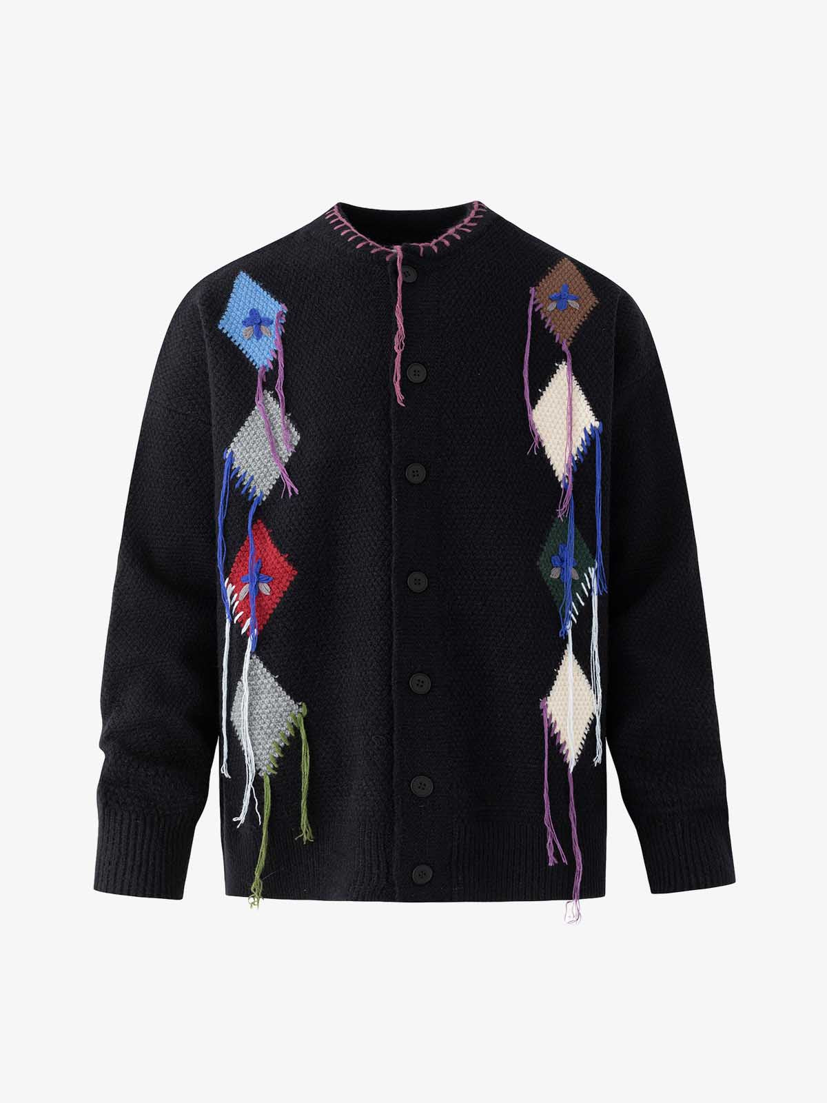 Colorful Diamond Pattern Cardigan with Tassel Accents 