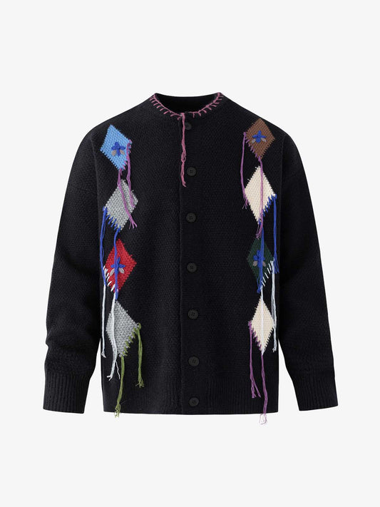 Colorful Diamond Pattern Cardigan with Tassel Accents 