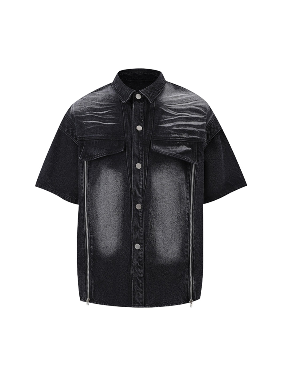 Distressed Washed Workwear Denim Shirt And Jorts Set 