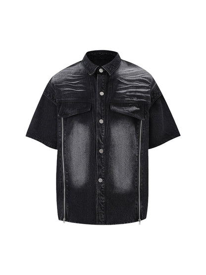 Distressed Washed Workwear Denim Shirt And Jorts Set 