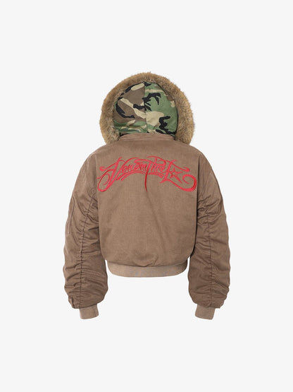 Winter Bomber Jacket with Faux Fur Hood Trim and Embroidered Logo 