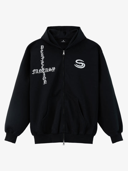 Gothic Letter Cross Embroidery Zip Up Hoodie and Sweatpants Set 