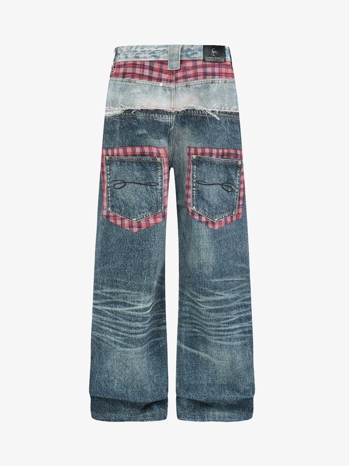 3D Grid Patchwork Distressed Jeans