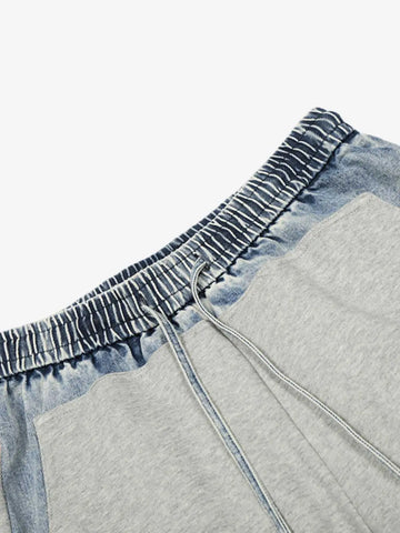 Vintage Wash Denim Waistband Patchwork Sweatpants 