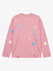 Star Foam Graphic Ripped Color Block Long Sleeve Tee