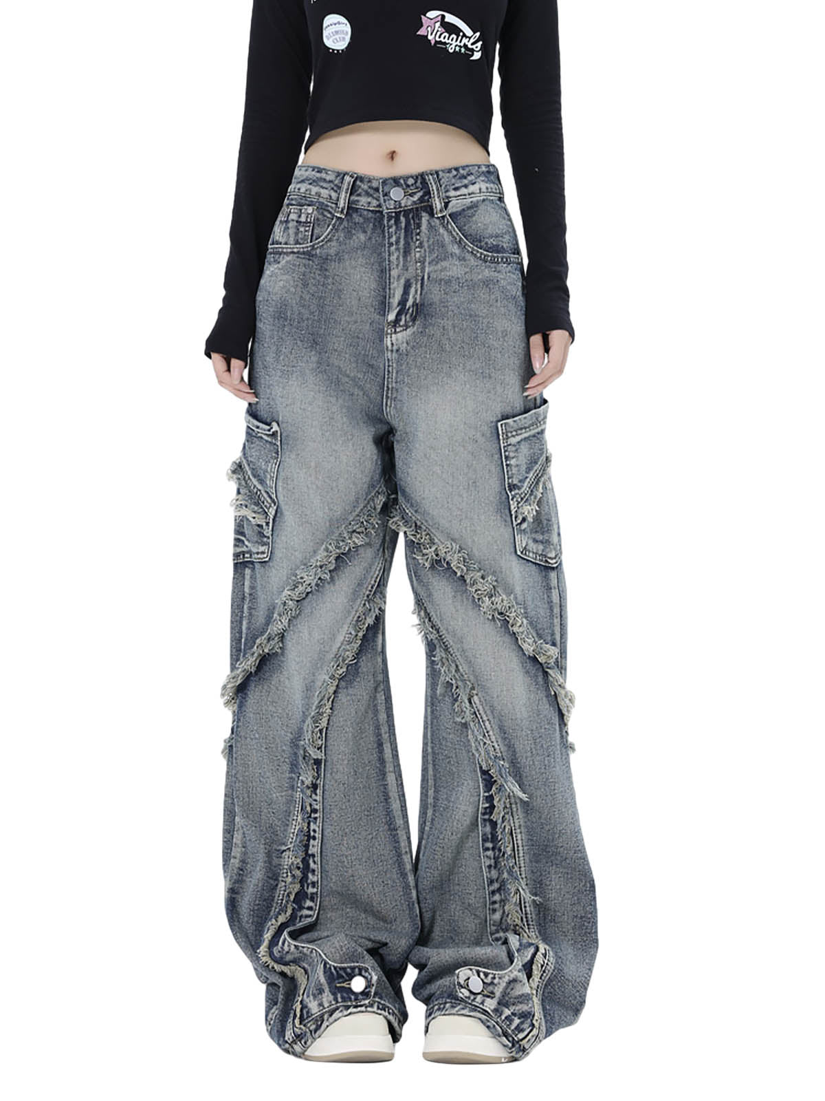 Thesupermade Washed Side Pocket Raw Edge Baggy Jeans - 2303