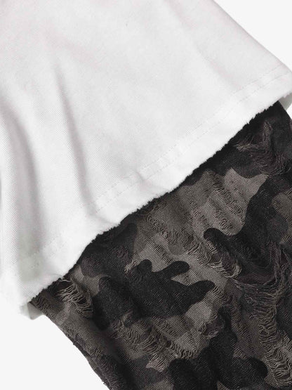 Cotton Blend Oversized Graphic Tee with Leopard Horse Print and Camo Layered Sleeves 