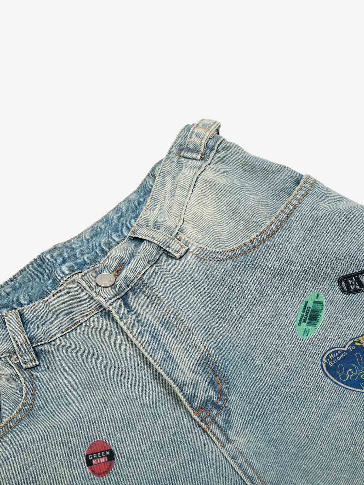 Multi-Graphic Distressed Straight-Leg Jeans