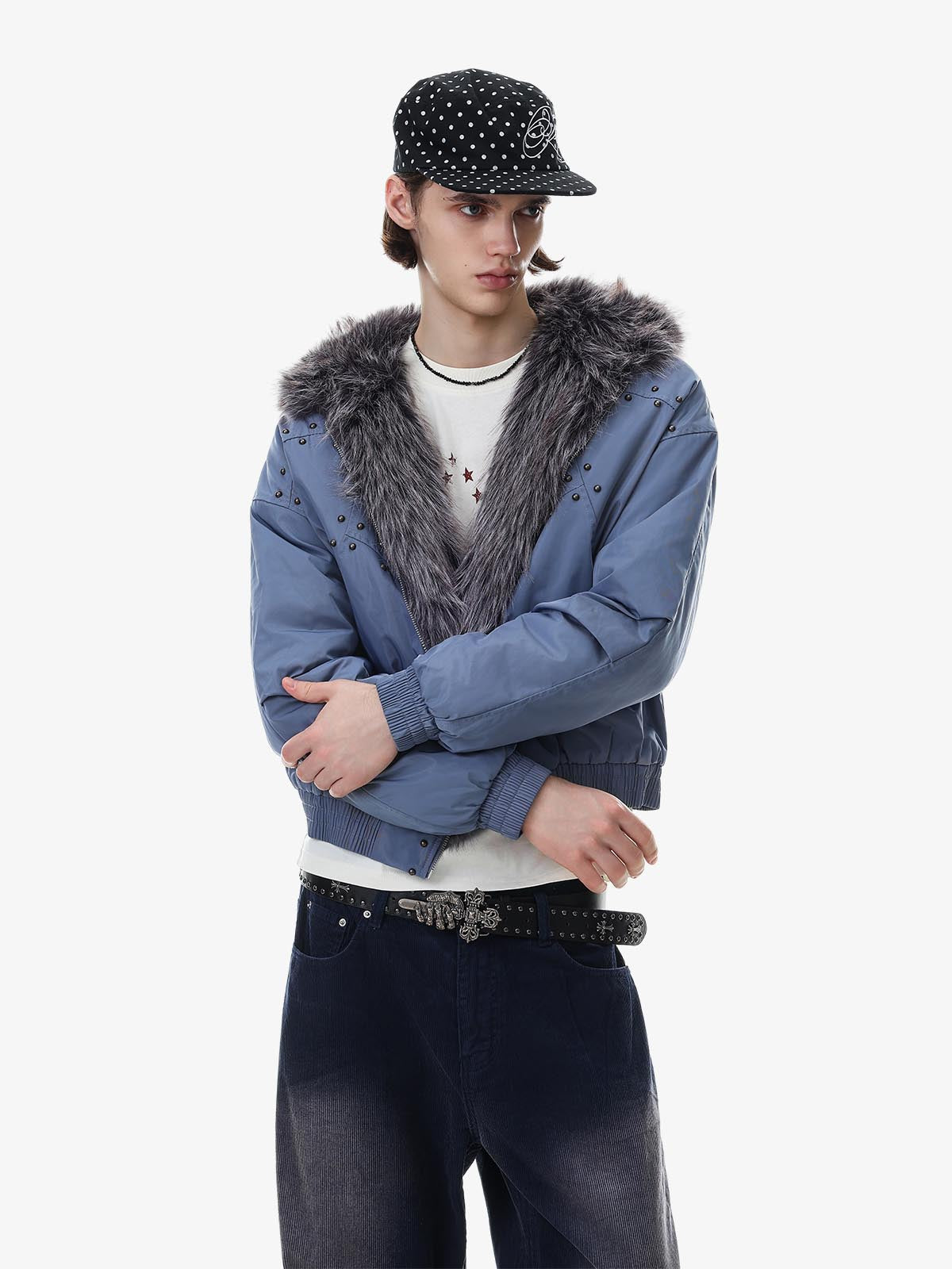Studded Hooded Faux-Fur Collar Padded Coat