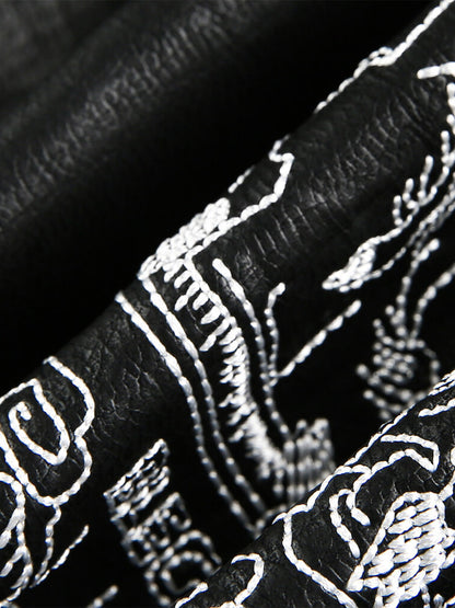 Vintage Embroidered PU Leather Lapel Jacket 