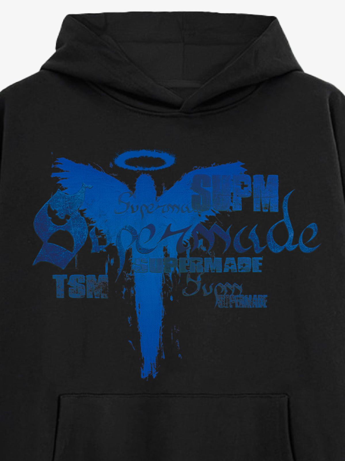 THE SUPERMADE A distressed trend print pattern hoodie that combines angel wings and gothic font elements 