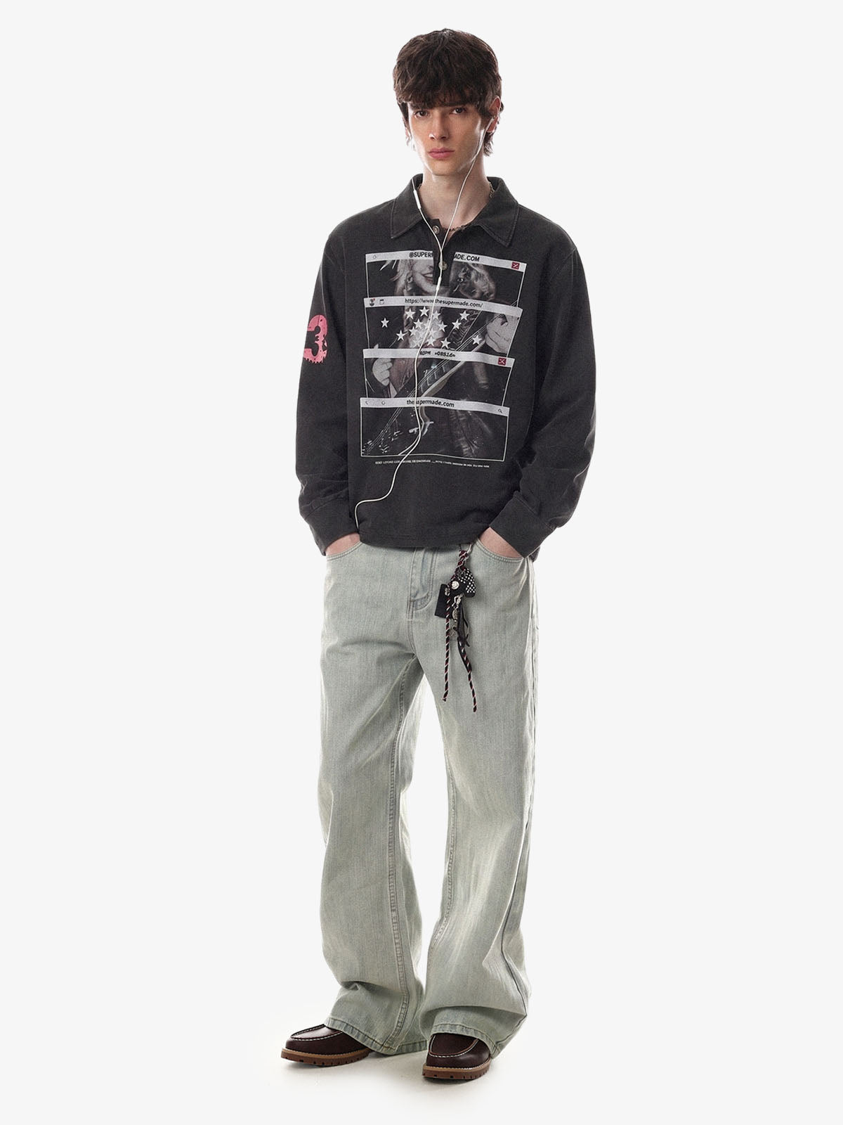 Distressed Graphic Washed Long Sleeve Polo