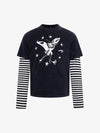 Distressed Angel Print Layered Striped Long Sleeve Tee