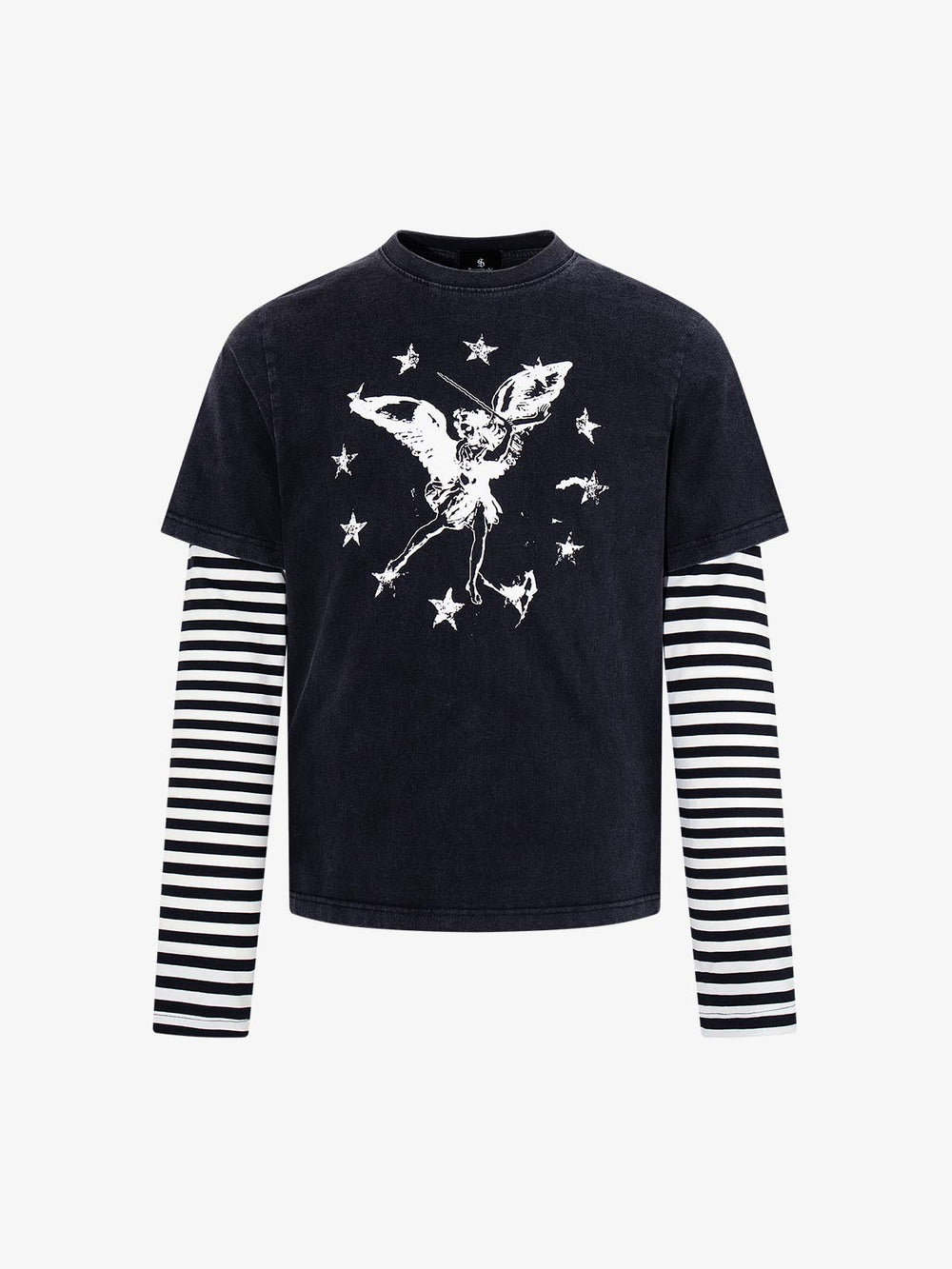 Distressed Angel Print Layered Striped Long Sleeve Tee