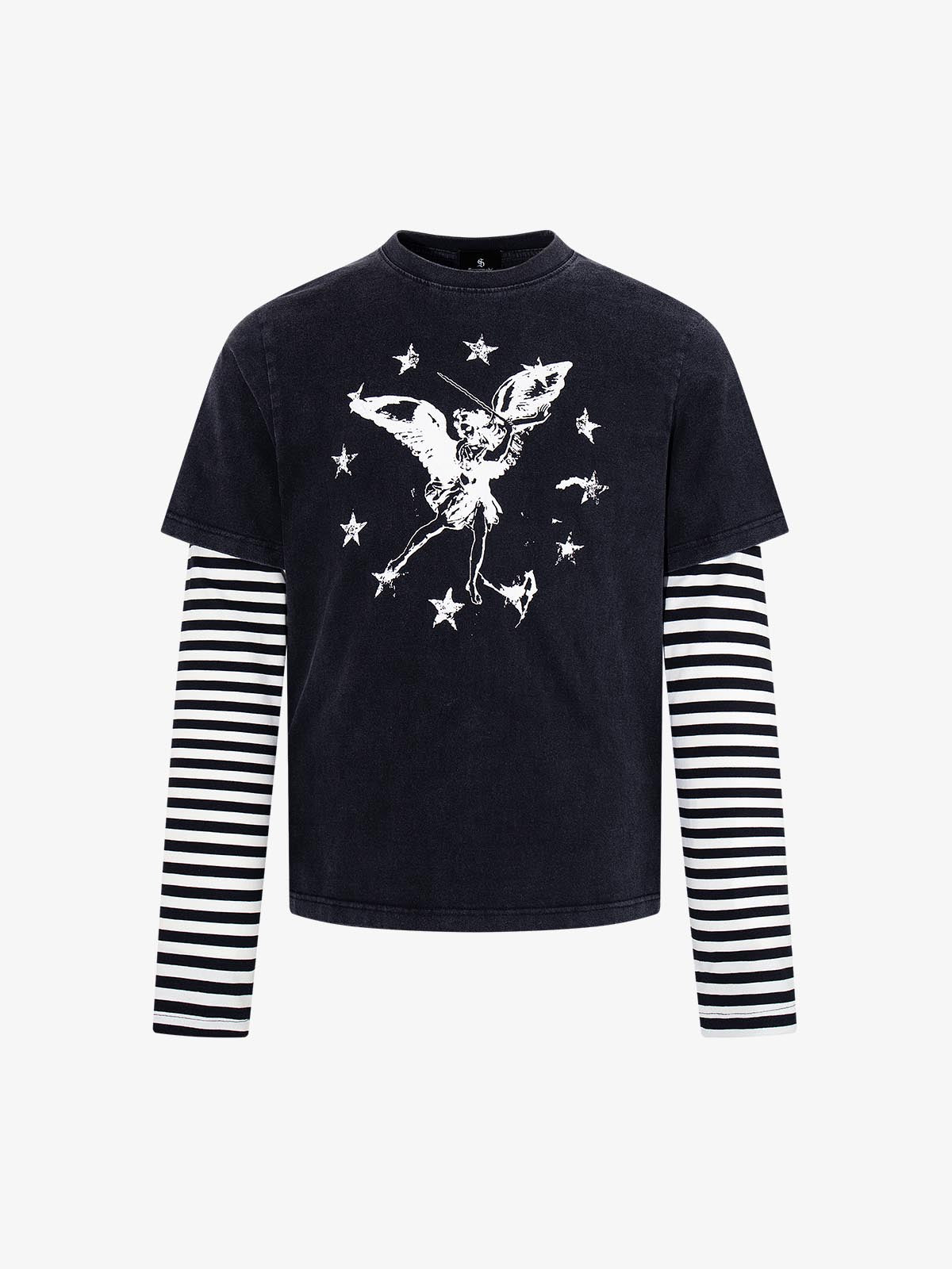 Distressed Angel Print Layered Striped Long Sleeve Tee