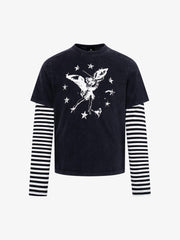 Distressed Angel Print Layered Striped Long Sleeve Tee