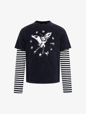 Distressed Angel Print Layered Striped Long Sleeve Tee