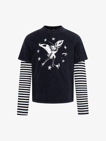 Distressed Angel Print Layered Striped Long Sleeve Tee