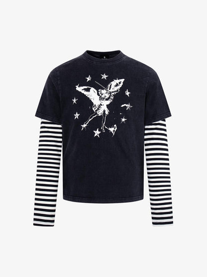 Distressed Angel Print Layered Striped Long Sleeve Tee