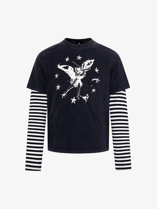 Distressed Angel Print Layered Striped Long Sleeve Tee