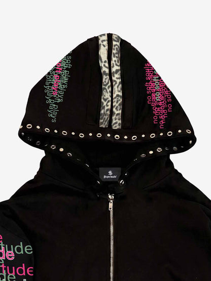 Leopard-Trim Studded Graphic Hoodie & Curved Pants Set