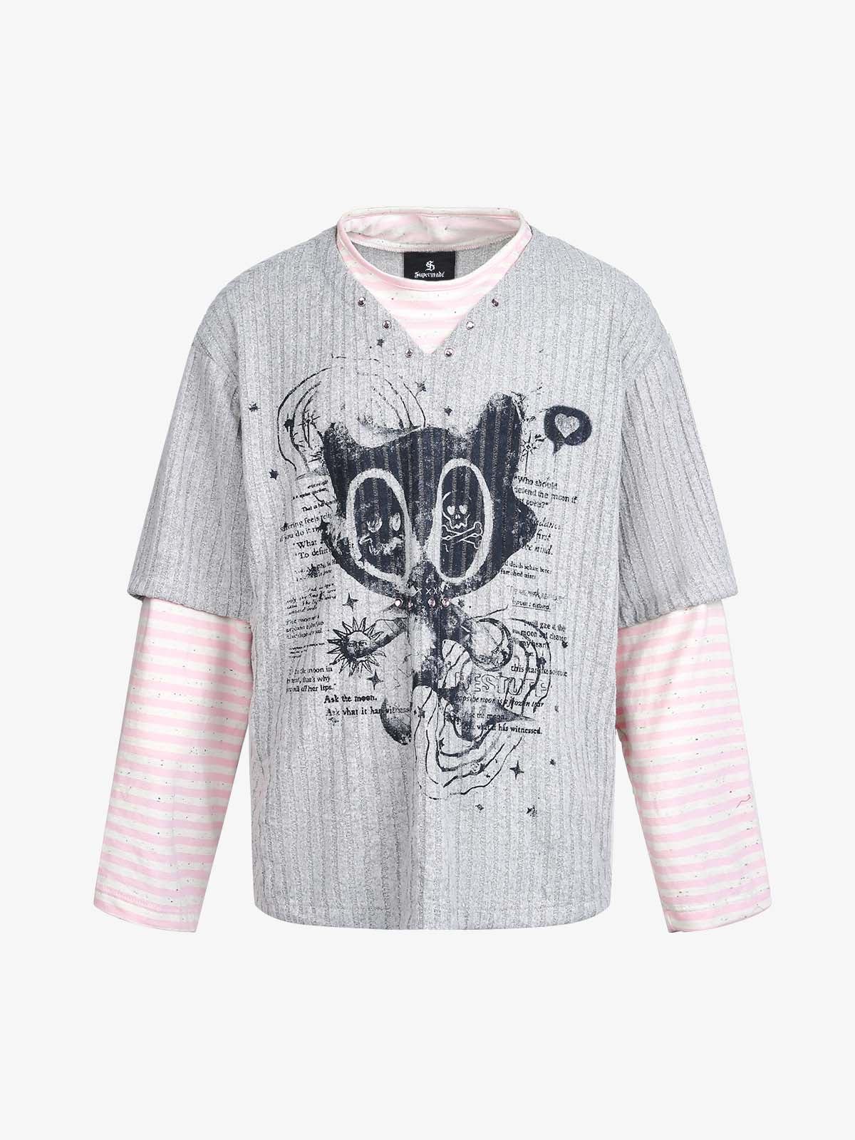 Cartoon Graffiti Graphic Striped Layered Long Sleeve Tee