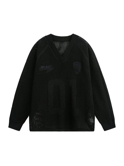 Vintage Ripped Long Sleeve Knitted Jersey V-Neck Sweater 