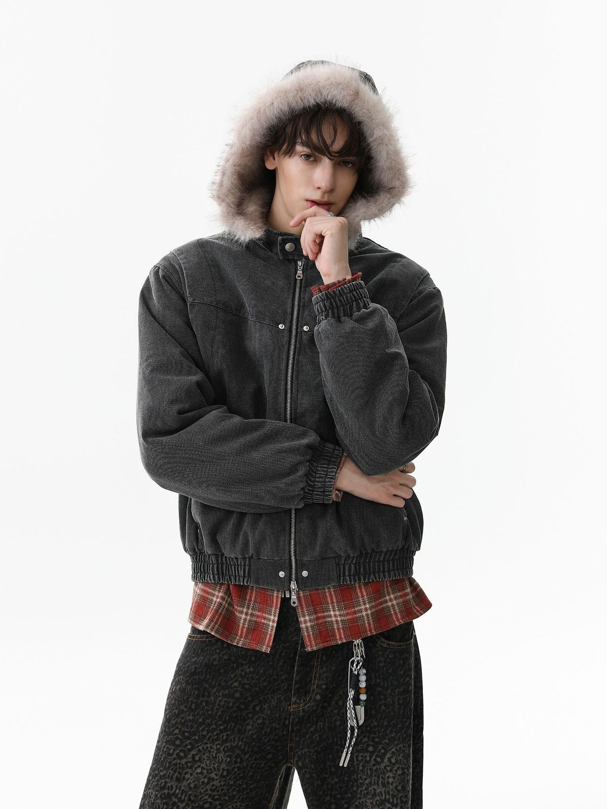 Street Outdoor Detachable Fur Collar Fleece Hooded Padded Jacket 