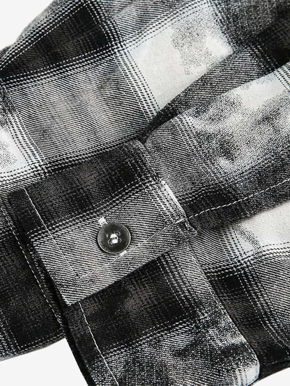 Washed Cotton Plaid Long Sleeve Shirt with Distressed Pattern and Chest Pocket 