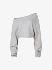 Off-Shoulder Raw Edge Cropped Long Sleeve Tee