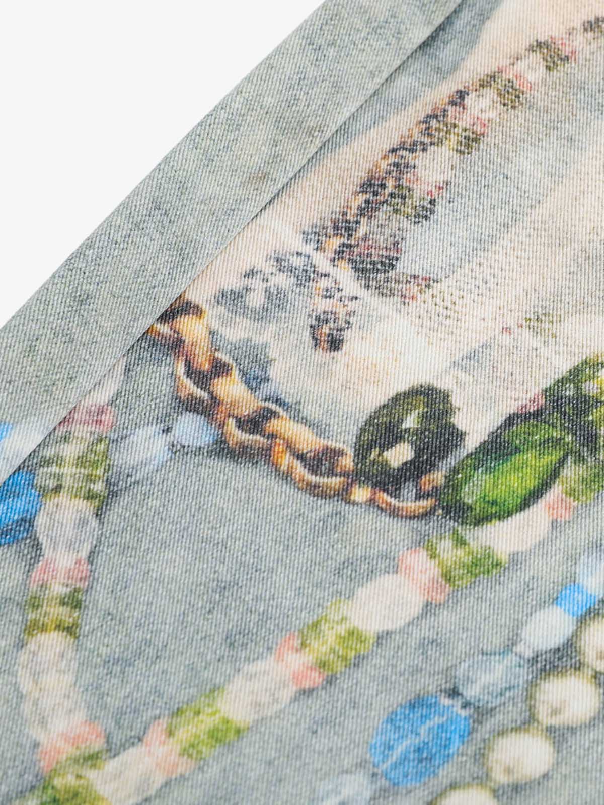 Jewelry Pearl Graphic Print 3D Effect Denim Shorts 