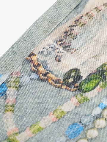 Jewelry Pearl Graphic Print 3D Effect Denim Shorts