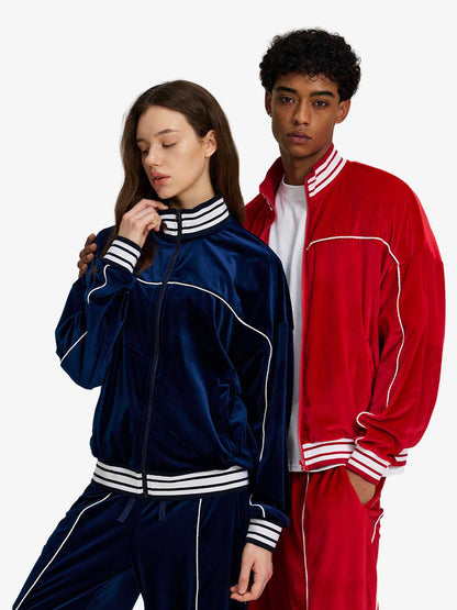 250G Velvet Track Jacket with White Stripe Trim - Unisex Sporty Bomber Coat for Casual Wear 