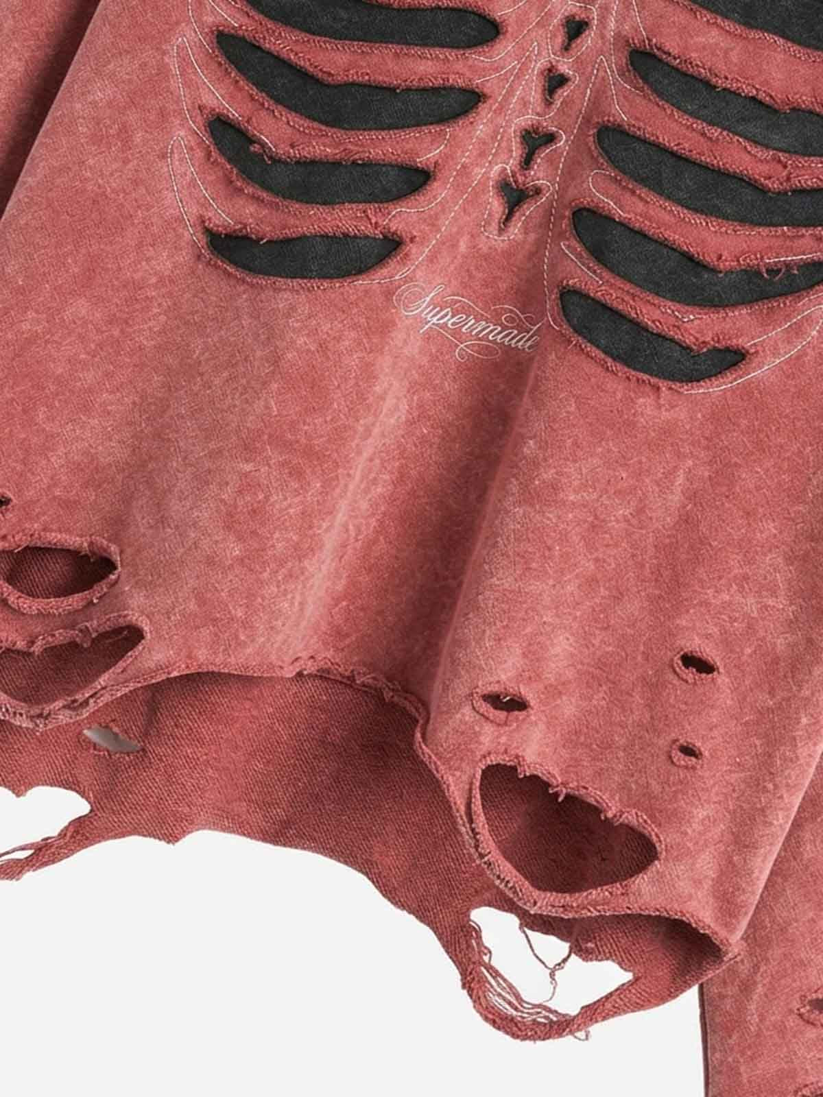 Skull Patchwork Distressed Washed Cropped Hoodie