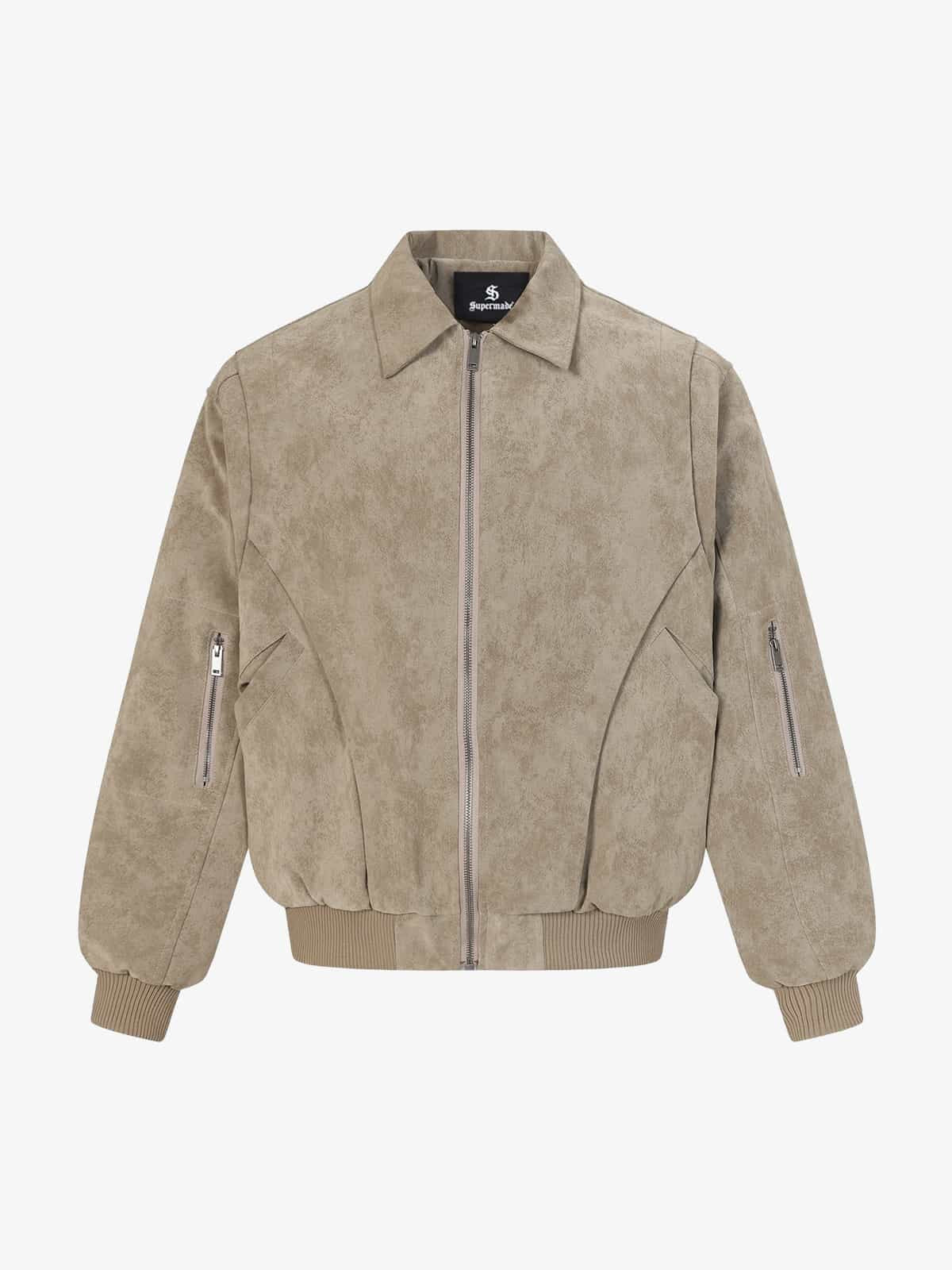 Retro Suede Texture Zip-Up Bomber Jacket 