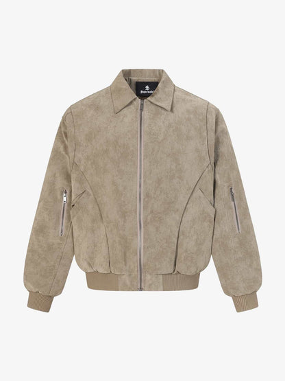 Retro Suede Texture Zip-Up Bomber Jacket 